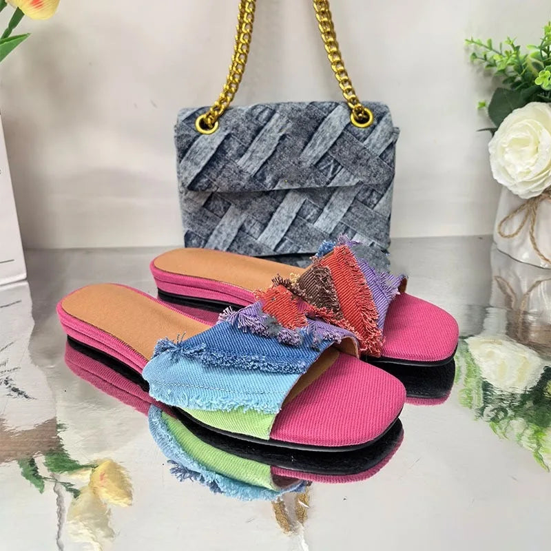 Women’s Rhinestone Flat Slippers - Peep Toe Square Toe Slip-On Sandals with Metal Decoration