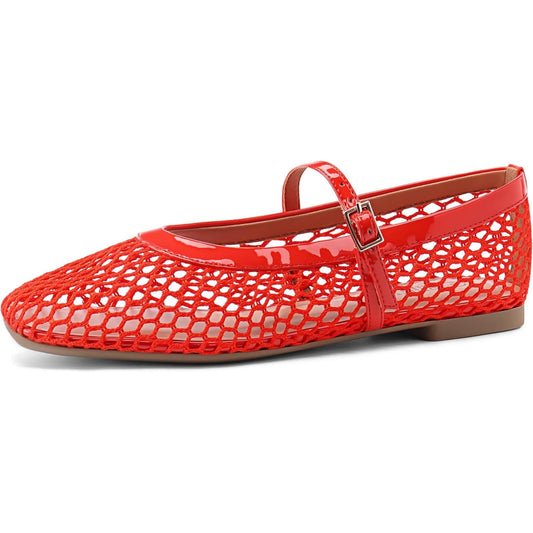 Women’s Mesh Ballet Flats - Comfortable Square-Toe Ballerinas with Buckle Strap