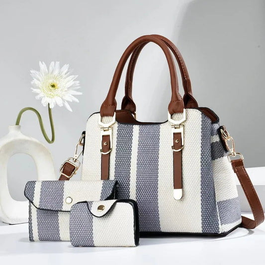 Summer Trio Elegance Set - Striped Tote, Wallet & Crossbody Combo for Women