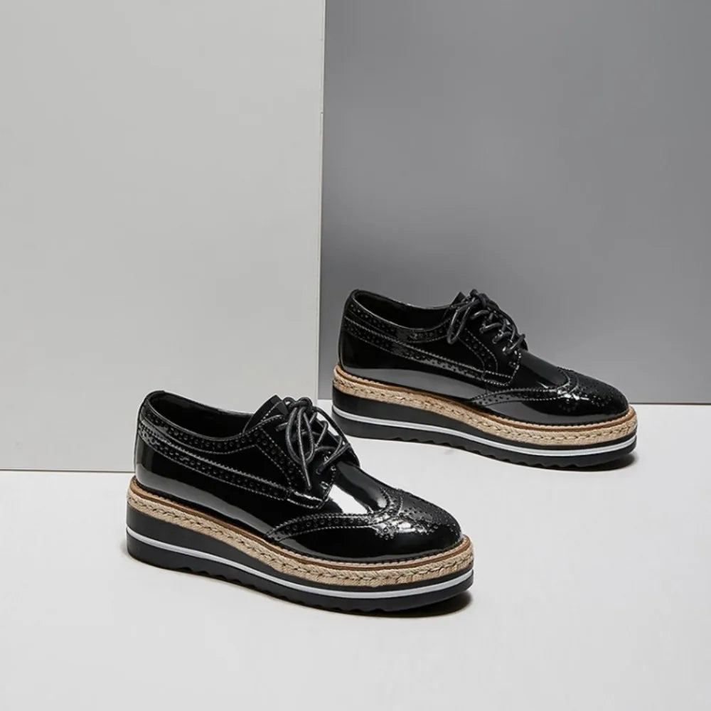 Women’s Derby Platform Flats - Gold Brogue Leather Lace-Up Oxford Shoes