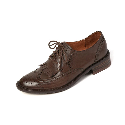 British-Style Fringe Oxfords - Vintage Cowhide Lace-Up Brogues for Women, Low Heel Flats