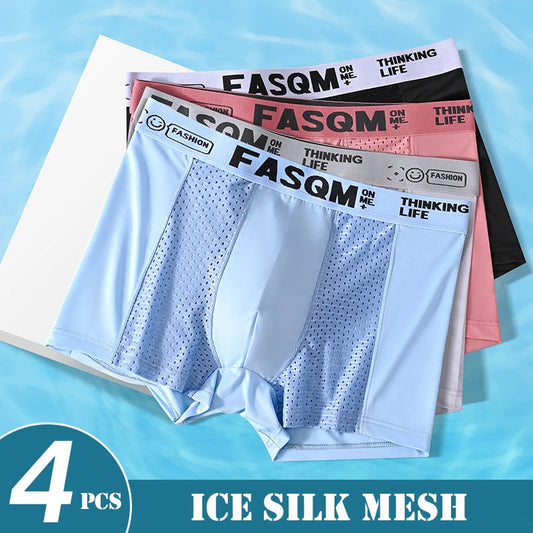 Men’s Mesh Ice Silk Boxer Shorts - 4 Pairs, Breathable Slim Fit Underwear, L–6XL