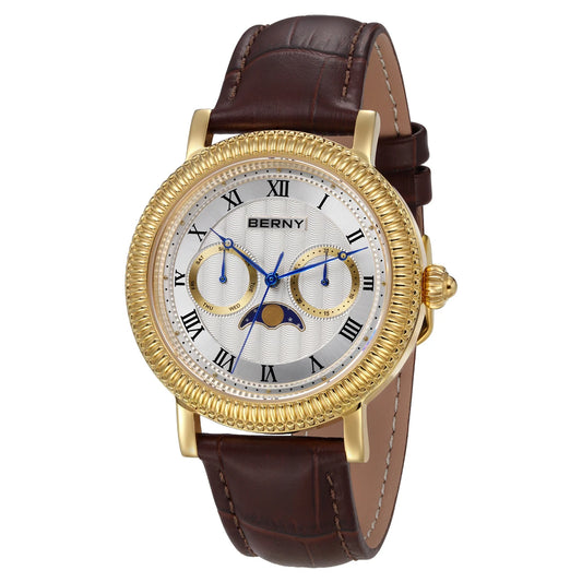 BERNY Men’s Luxury Dress Watch - Gold Quartz Moon Phase Timepiece, Sapphire Crystal, Business & Formal Wristwatch