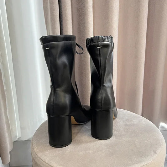 Luxury Designer Women’s Split-Toe Ankle Boots - Fashion Short Booties with Ruffle Detail & Chunky High Heel