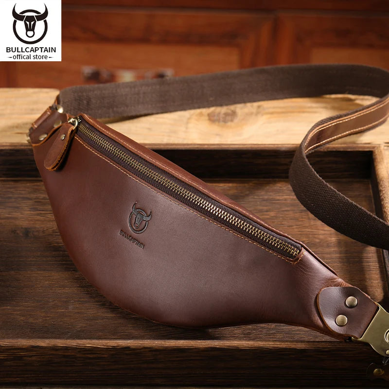 Bullcaptain Men’s Crazy Horse Leather Belt Bag | Retro Crossbody Outdoor Storage Mobile Phone Waist Pack