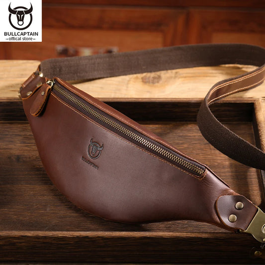 Bullcaptain Men’s Crazy Horse Leather Belt Bag | Retro Crossbody Outdoor Storage Mobile Phone Waist Pack