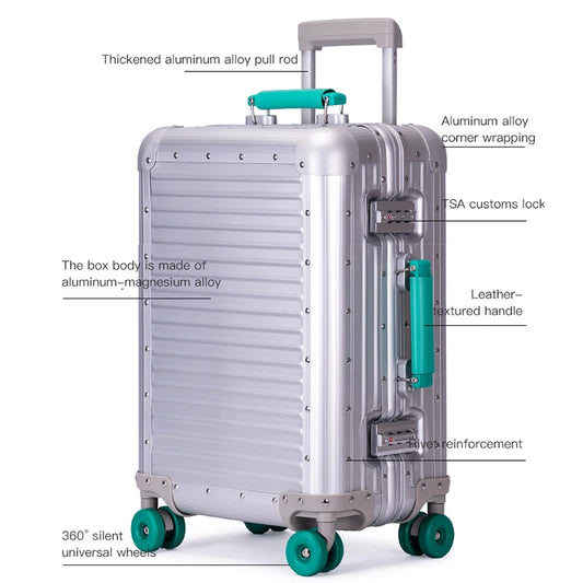 20-Inch All-Aluminum-Magnesium Alloy Carry-On Trolley Luggage - Stylish, Durable Travel Suitcase for Men & Women