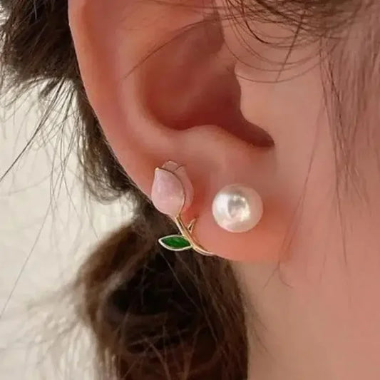 Korean Vintage Pearl & Crystal Earrings - Luxury Zircon Flower, Butterfly & Leaf Studs for Women