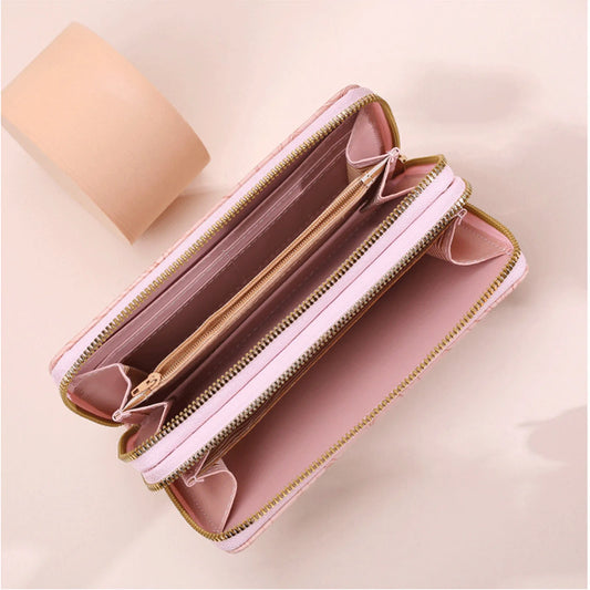 Chic Quilted Long Wallet - Zippered PU Leather Clutch with Multiple Card Slots & Phone Pocket for Women