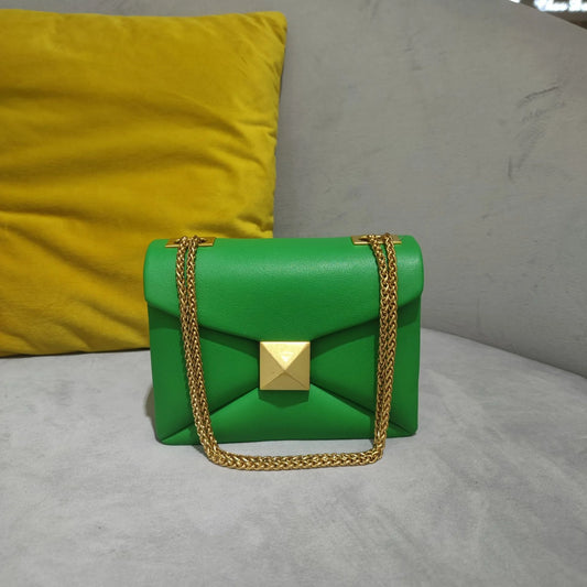 Verde Rivetta - Cowhide Leather Chain Shoulder Bag with Gold Stud Accents