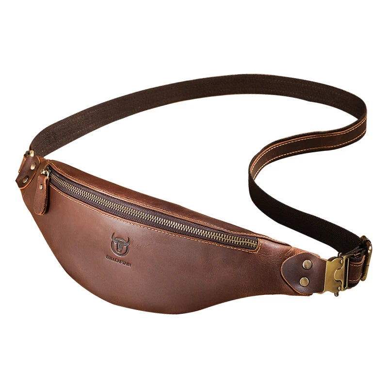 Bullcaptain Men’s Crazy Horse Leather Belt Bag | Retro Crossbody Outdoor Storage Mobile Phone Waist Pack
