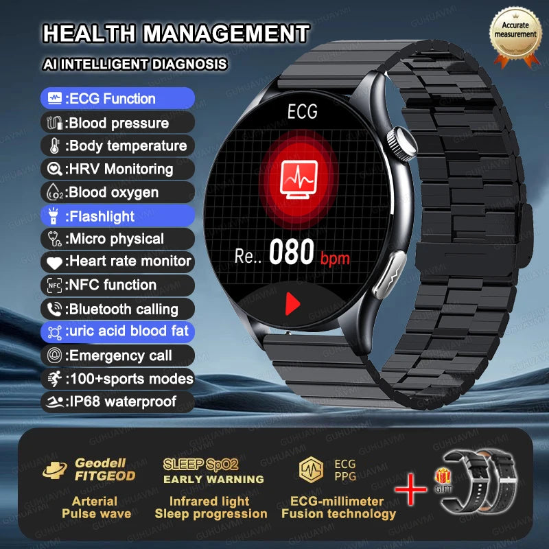 Premium NFC Health Smartwatch - ECG & PPG Monitoring, Blood Pressure, Blood Oxygen, Uric Acid Analysis, Men & Women
