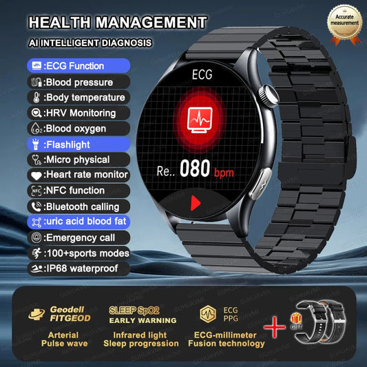 Premium NFC Health Smartwatch - ECG & PPG Monitoring, Blood Pressure, Blood Oxygen, Uric Acid Analysis, Men & Women