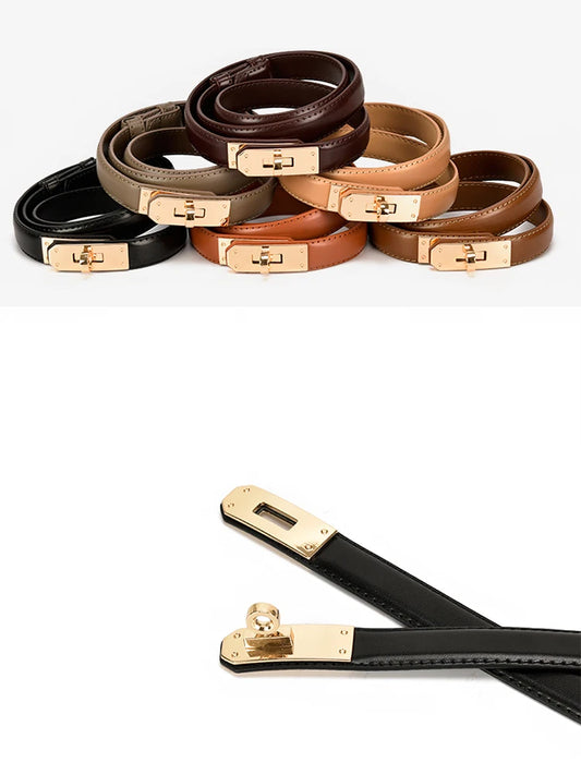 Women’s Leather Belt - Golden Metal Buckle, Luxury Casual Strap for Jeans & Dresses