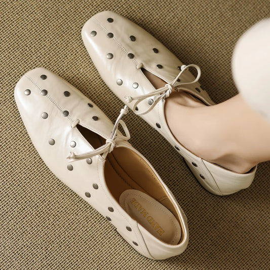 Women’s Cow Leather Lace-Up Flats - High-Quality Oxford Espadrilles with Rivet Detail