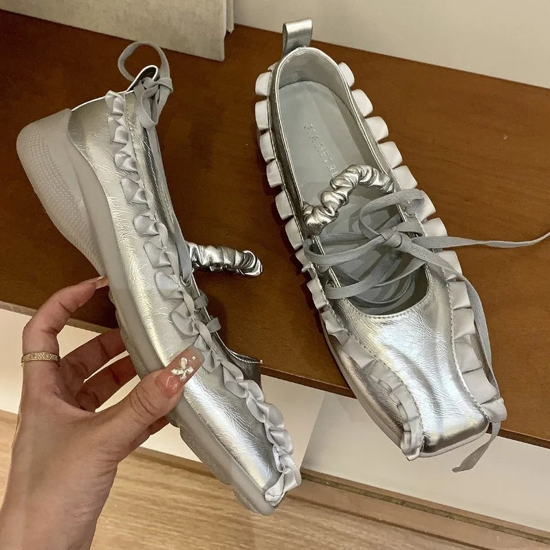 Designer Sporty Ballet Flats – Lace-Up Shallow Square-Toe Leisure Shoes for Women