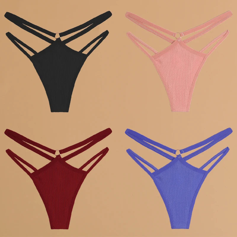 4-Piece Cotton Double-Strap Thong Set - Low-Waist Striped Panties for Women