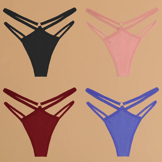 4-Piece Cotton Double-Strap Thong Set - Low-Waist Striped Panties for Women
