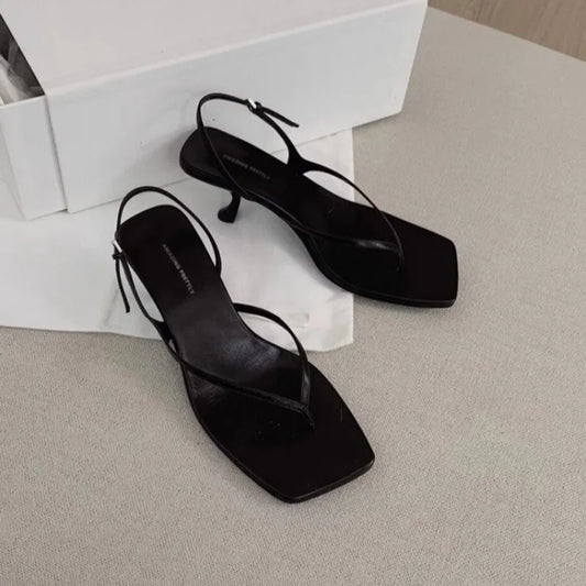 New French Cat Heel Sandals - Women’s Summer Mid-Heel Herringbone Open Toe Clip Toe High Heel Sandals