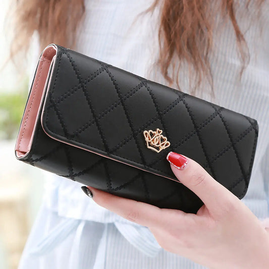 Black Diamond Pattern Long Wallet for Women - PU Leather Crown Buckle Clutch with Card Holder & Phone Pocket