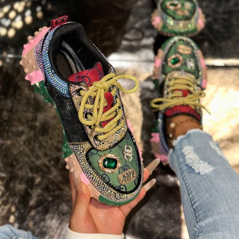 Women’s Luxury Rhinestone Sneakers - Fashion Casual Diamond Platform Running Shoes, Breathable & Non-Slip Design