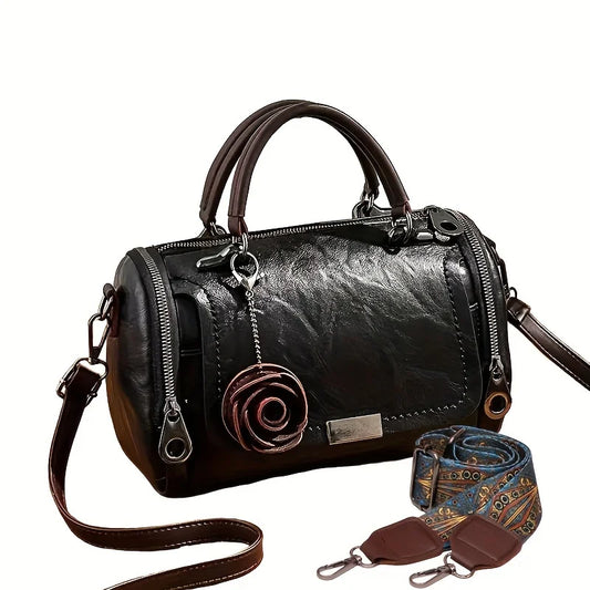 Heritage Bloom - Vintage Style PU Leather Boston Satchel
