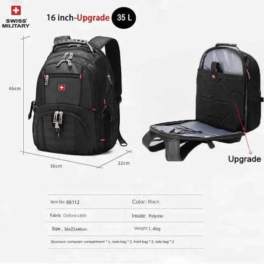 Swiss 17" Laptop Backpack - Waterproof Swiss-Style Multifunctional Travel Bag with USB Charging Port