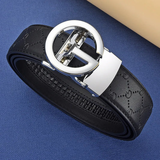 Men’s Designer Leather Belt - Double G Automatic Alloy Buckle, Premium Waist Strap for Jeans