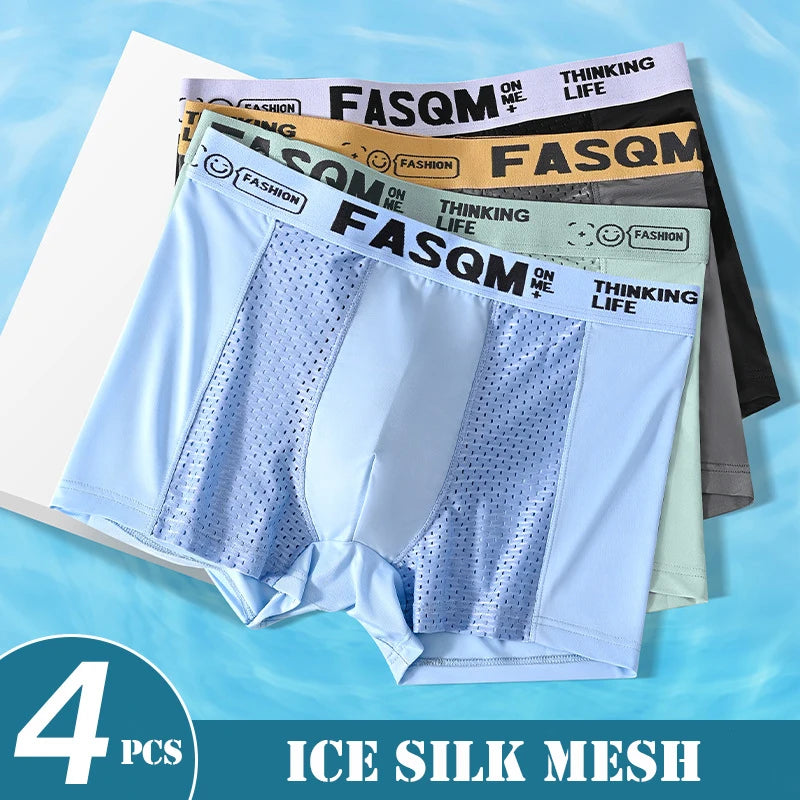 Men’s Mesh Ice Silk Boxer Shorts - 4 Pairs, Breathable Slim Fit Underwear, L–6XL