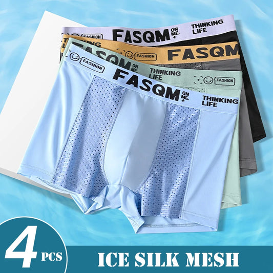 Men’s Mesh Ice Silk Boxer Shorts - 4 Pairs, Breathable Slim Fit Underwear, L–6XL