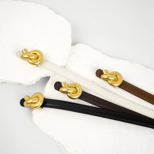 Women’s Premium Leather Belt - Elegant Metal Knot Buckle, Perfect for Dresses & Jeans