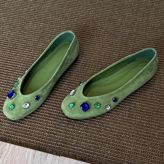 Luxury Colorful Gemstone Flats - Comfortable Round-Toe Suede Loafers for Women