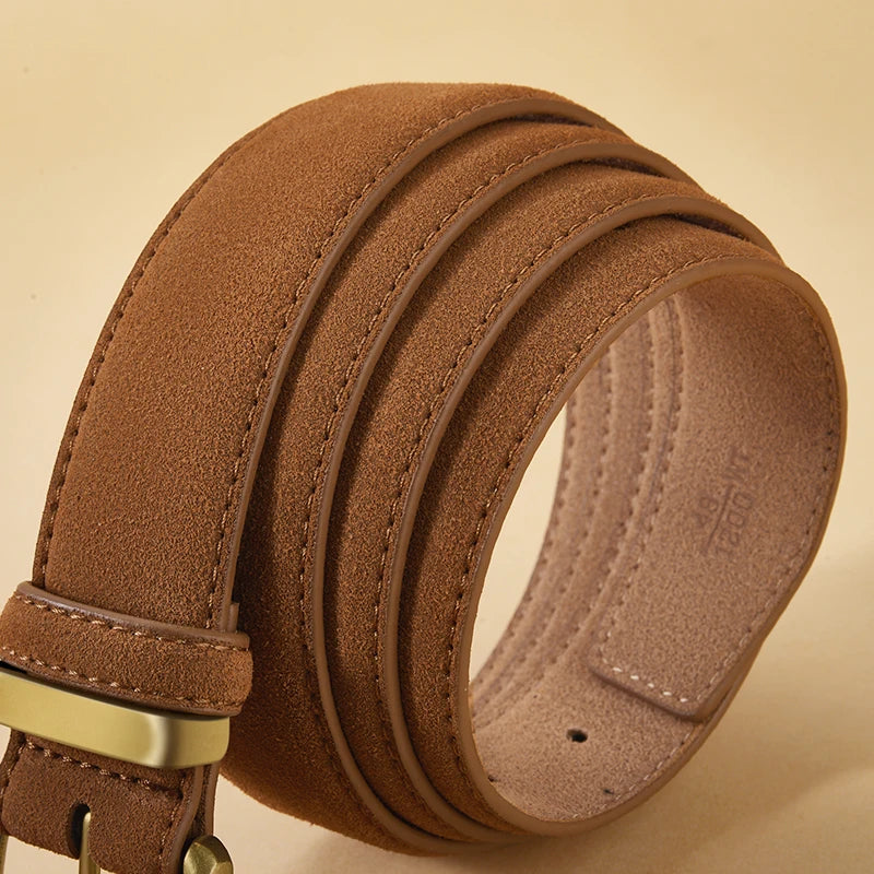 Women’s Luxury Suede Cowhide Belt - Vintage Gold Buckle, 3.5cm Wide Strap for Dresses & Jeans
