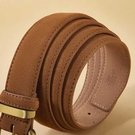 Women’s Luxury Suede Cowhide Belt - Vintage Gold Buckle, 3.5cm Wide Strap for Dresses & Jeans