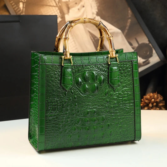 Verona Croc-Embossed Tote with Bamboo Handle - Elegant Shoulder Handbag for Women