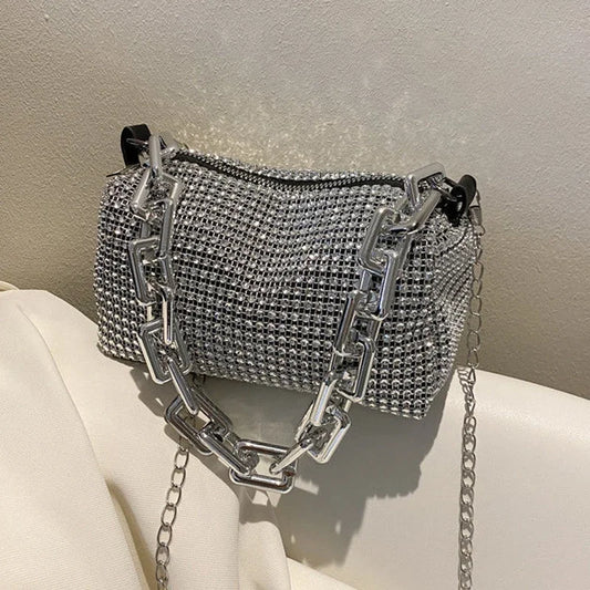 StellarSpark Crystal Ball Mini Bucket Bag - Rhinestone Chain Crossbody Glam