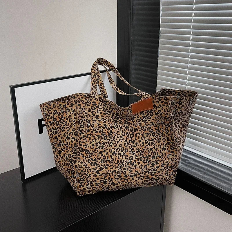 Savanna Wild Tote - Canvas Leopard Print Shoulder Bag with Zipper Closure