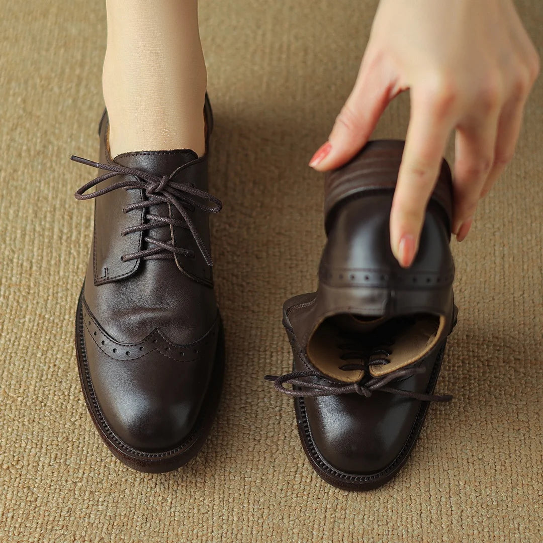 Women’s Cow Leather Lace-Up Oxfords - British-Style Carved Flats, Soft & Comfortable