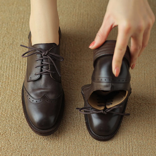 Women’s Cow Leather Lace-Up Oxfords - British-Style Carved Flats, Soft & Comfortable