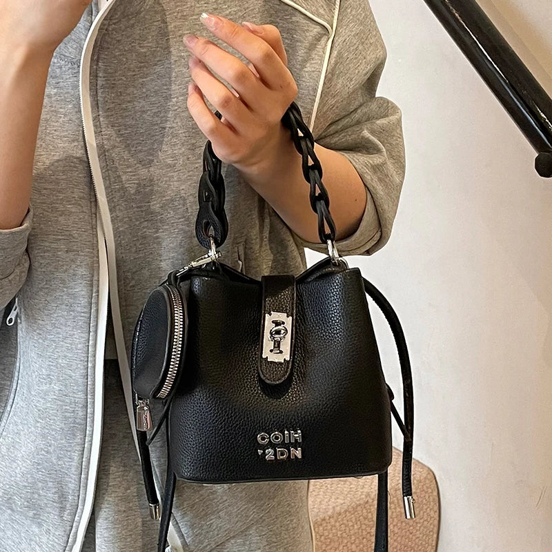 Velora Soft PU Lock Bucket Bag - Chic Shoulder & Crossbody Handbag