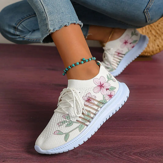 Fashion Printed Breathable Sneakers - Thick-Soled Knitted Slip-On Walking Shoes for Women