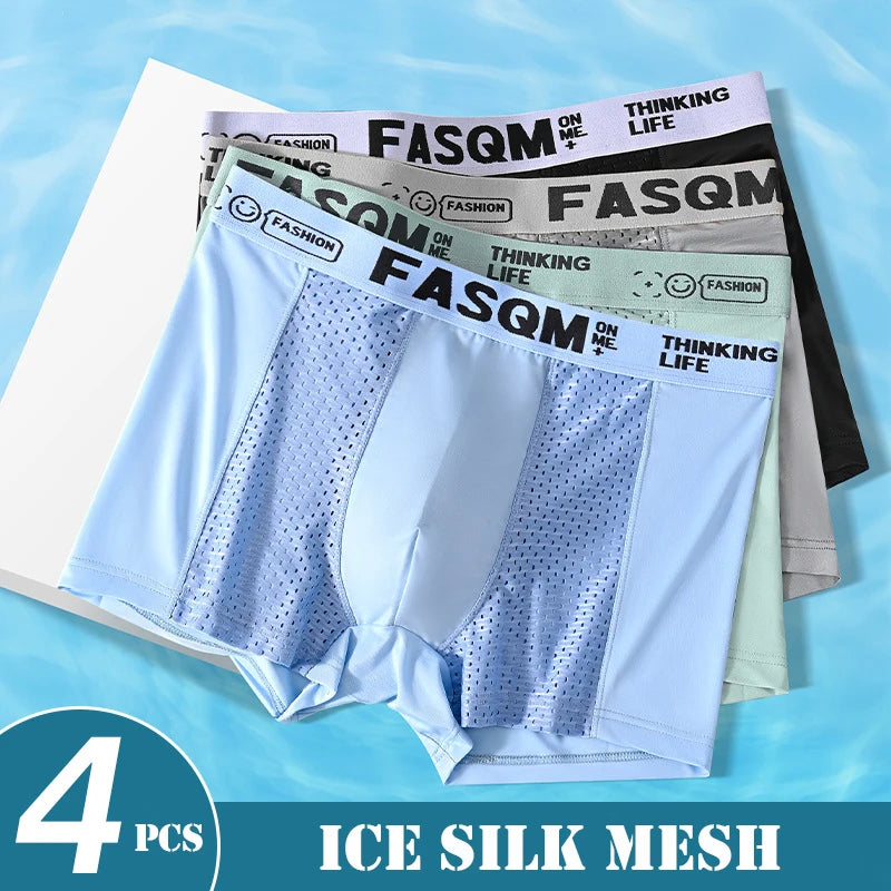 Men’s Mesh Ice Silk Boxer Shorts - 4 Pairs, Breathable Slim Fit Underwear, L–6XL