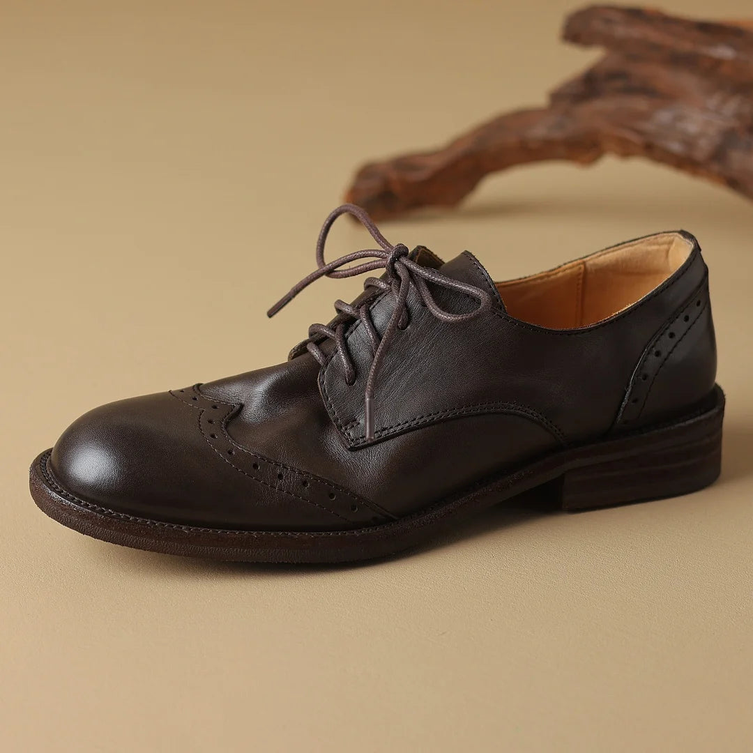 Women’s Cow Leather Lace-Up Oxfords - British-Style Carved Flats, Soft & Comfortable