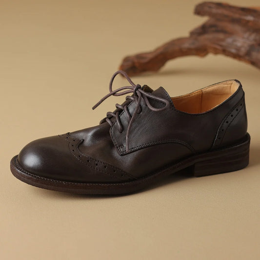 Women’s Cow Leather Lace-Up Oxfords - British-Style Carved Flats, Soft & Comfortable
