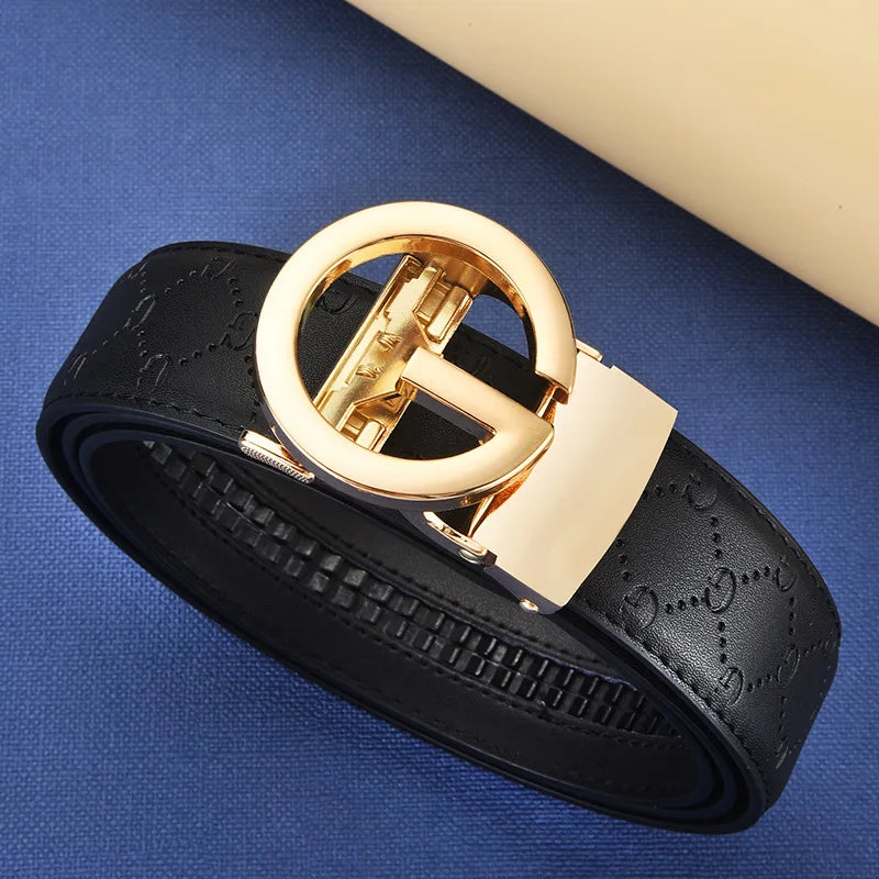 Men’s Designer Leather Belt - Double G Automatic Alloy Buckle, Premium Waist Strap for Jeans