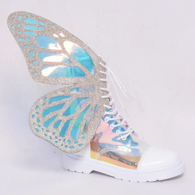 Butterfly Wings Women’s Silver Leather High-Top Sneakers – Lace-Up Ankle Boots with Platform, Latest Fashion Flats