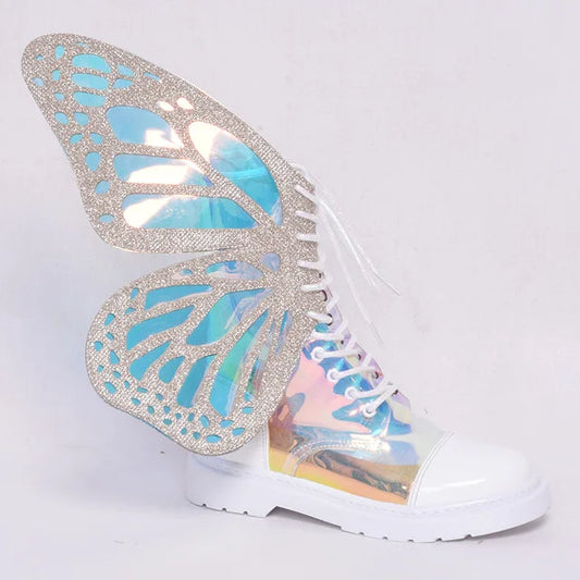 Butterfly Wings Women’s Silver Leather High-Top Sneakers – Lace-Up Ankle Boots with Platform, Latest Fashion Flats