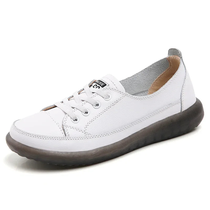 Natural Genuine Leather Flat Casual Shoes - White Lace-Up Ballet & Court Flats for Women