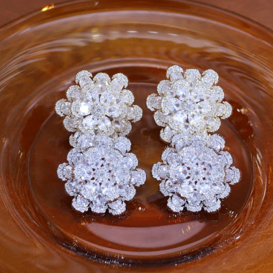 Korean 14K Gold Plated Zircon Flower Earrings - Luxury Elegant Jewelry for Women, Perfect for Weddings & Parties