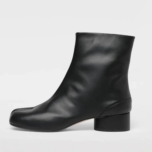 Luxury Designer Women’s Ankle Boots - Genuine Leather Split-Toe Booties with Chunky Silver Heels